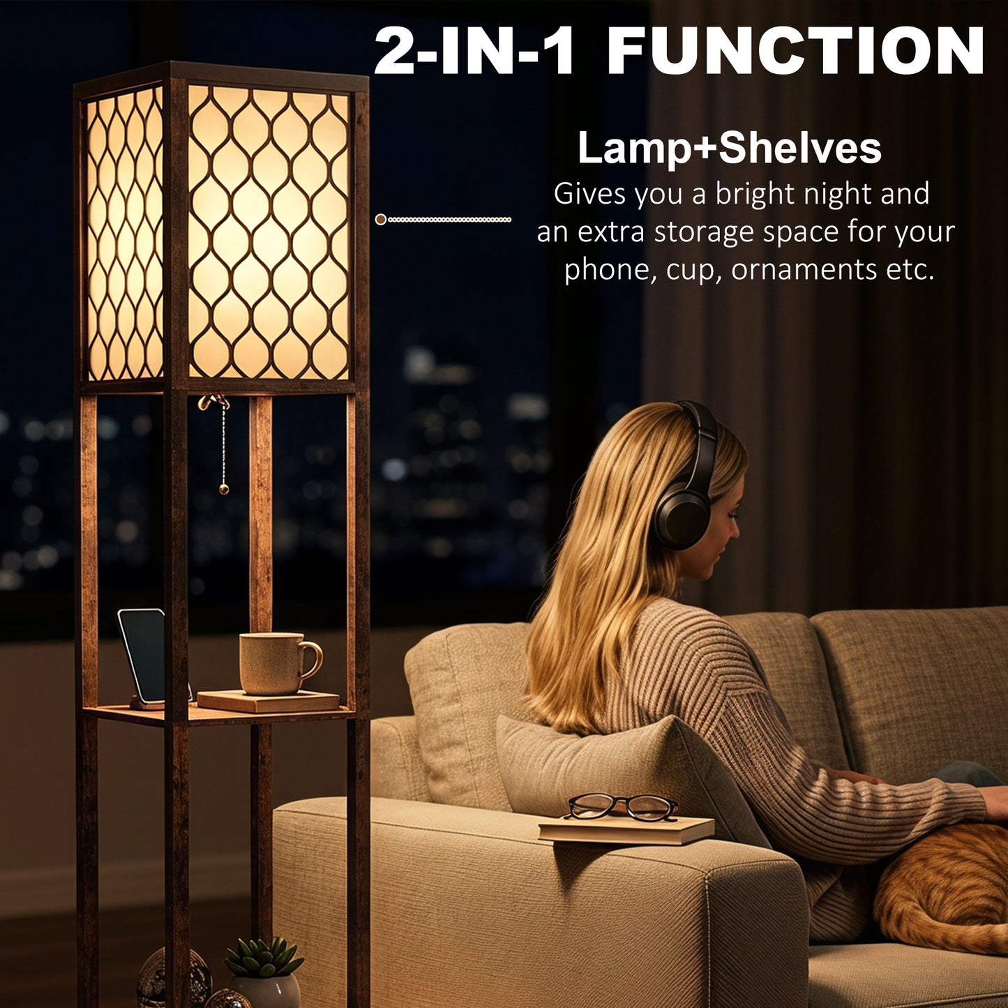 Floor Lamp with Shelves, Modern Tall Standing Lamp with Fabric Lampshades, Zipper Switch and Dual Light, Rustic Brown