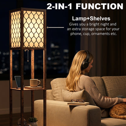 Floor Lamp with Shelves, Modern Tall Standing Lamp with Fabric Lampshades, Zipper Switch and Dual Light, Rustic Brown
