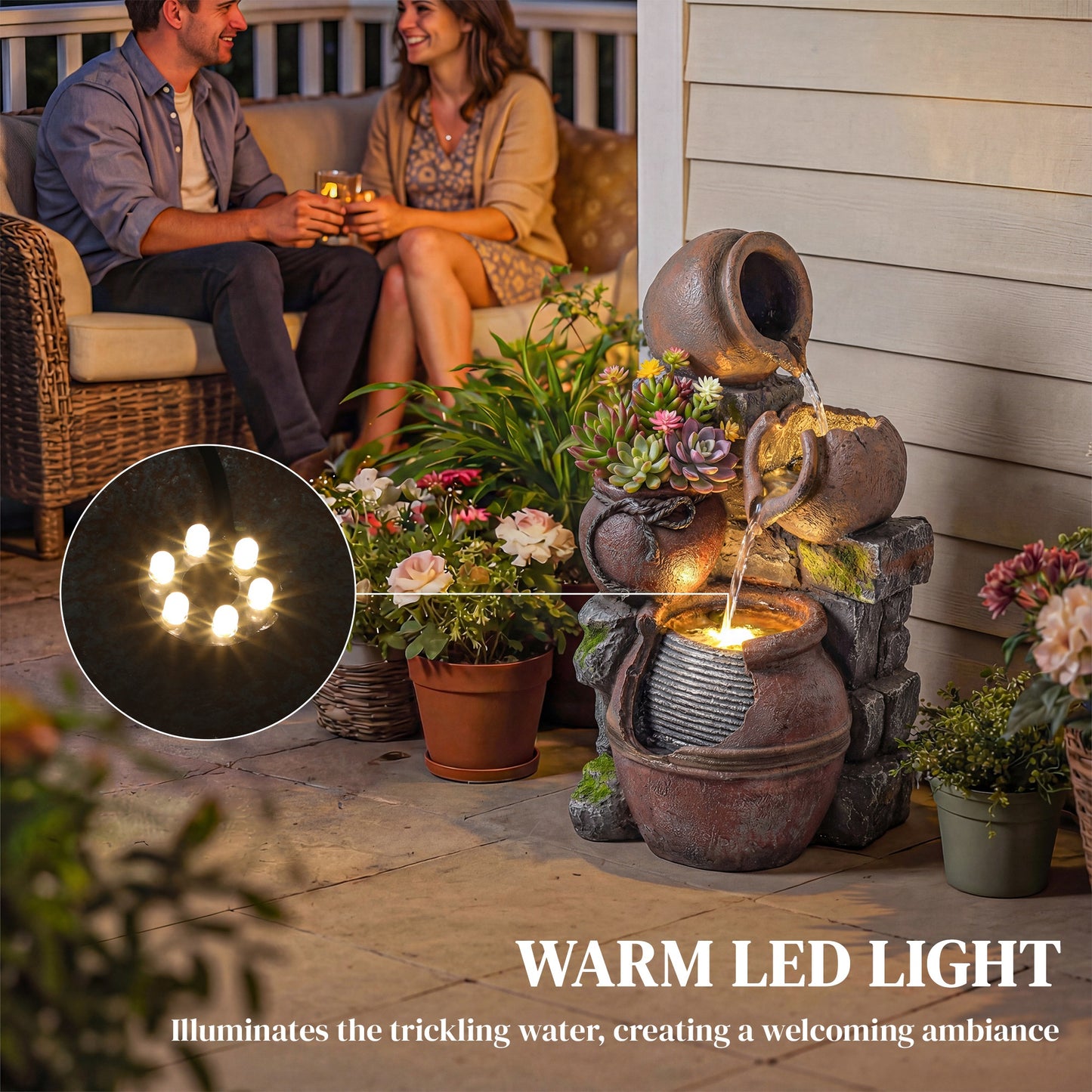Outdoor Fountain with 4-Tier Rustic Pots & Planter, Garden Fountain with LED Lights, Rustic Brown
