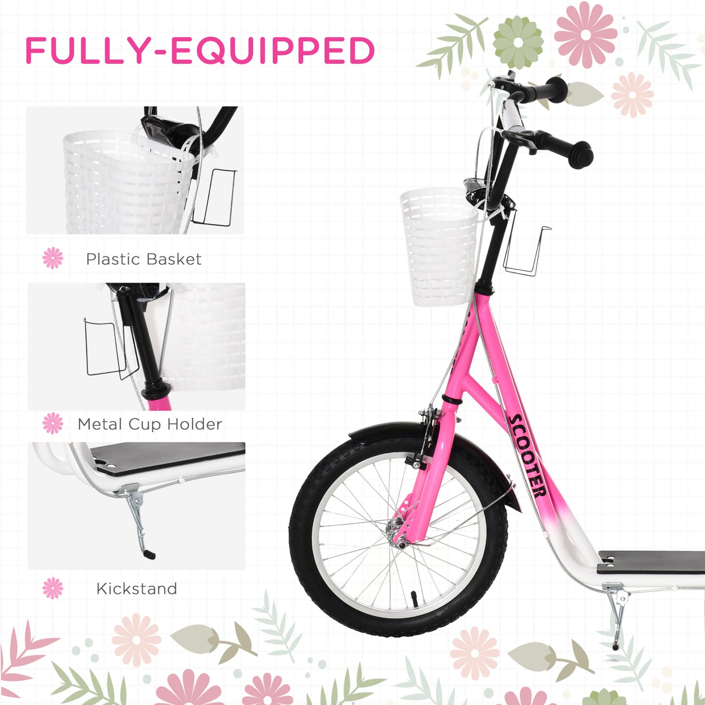 Kids Scooter, Kick Stunt Scooter with Adjustable Handlebar, Dual Brakes, Basket, Cupholder, Mudguard