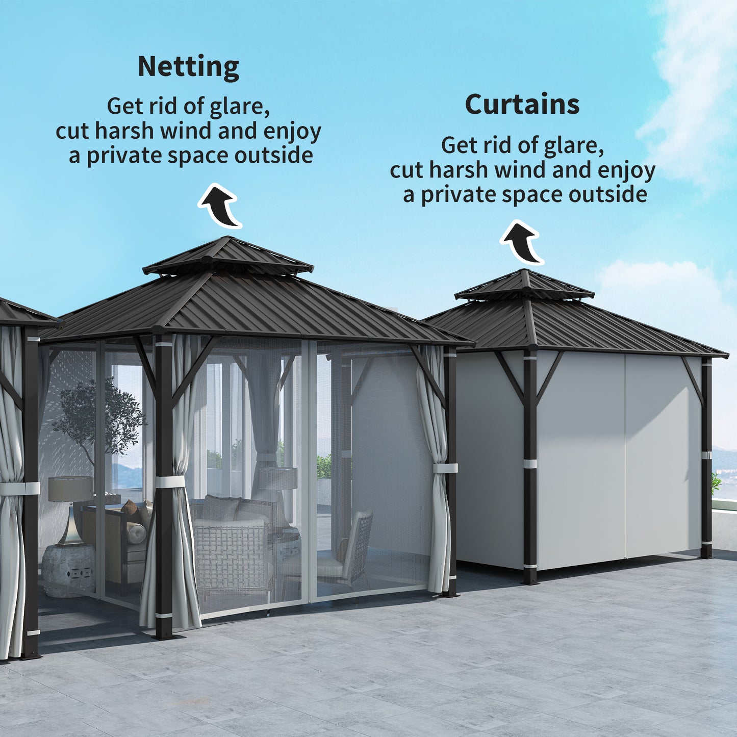 3 x 3(m) Hardtop Gazebo Canopy with Double Metal Roof, Waterproof Permanent Pavilion Garden Gazebo with Netting and Curtains