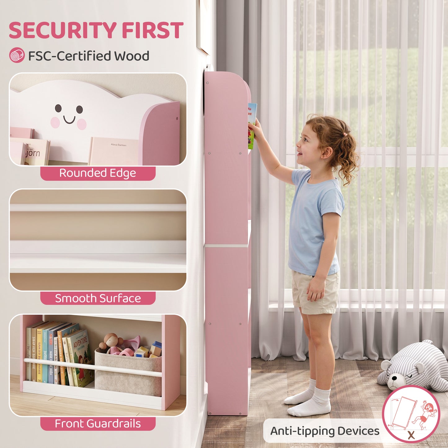 4 Tier Kids Bookshelf, Children Bookcase with Anti-Tip Kit, Toddler Space-Saving Bookcase for Kids Room, Playroom, Pink