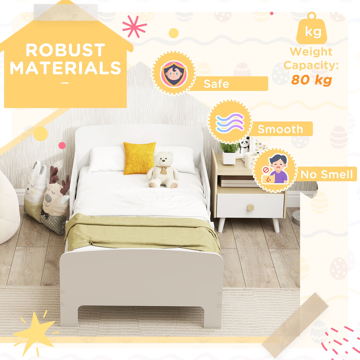 Toddler Bed, Kids Bed Frame with Safety Side Rails, Kids Bedroom Furniture for Ages 3-8 Years, White