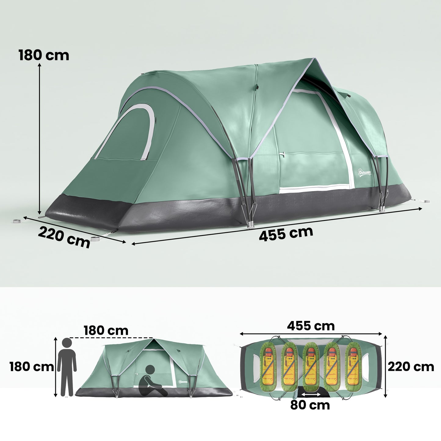 5 Man Camping Tent, Large Tunnel Tent, Water Resistant Hiking Shelter with Groundsheet and Carry Bag, Dark Green