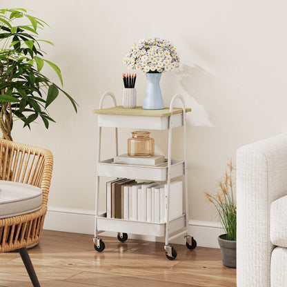 3-Tier Kitchen Storage Trolley with on Wheels Cover Top Board - White and Oak