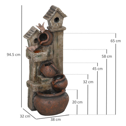 2-in-1 Waterfall Fountain with Birdhouse, Resin Garden Water Fountain with LED Lights Pump
