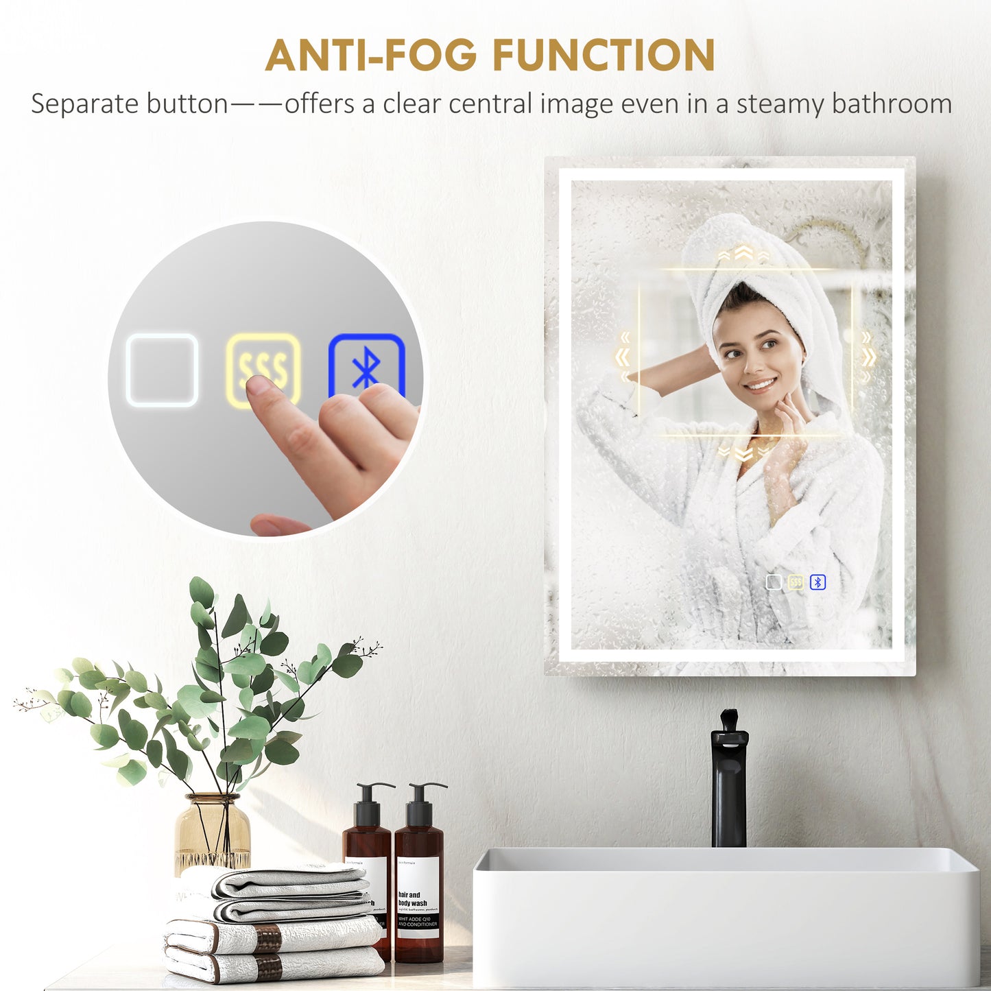 50 x 70 cm Anti-Fog LED Bathroom Mirror, with Bluetooth - Silver Tone