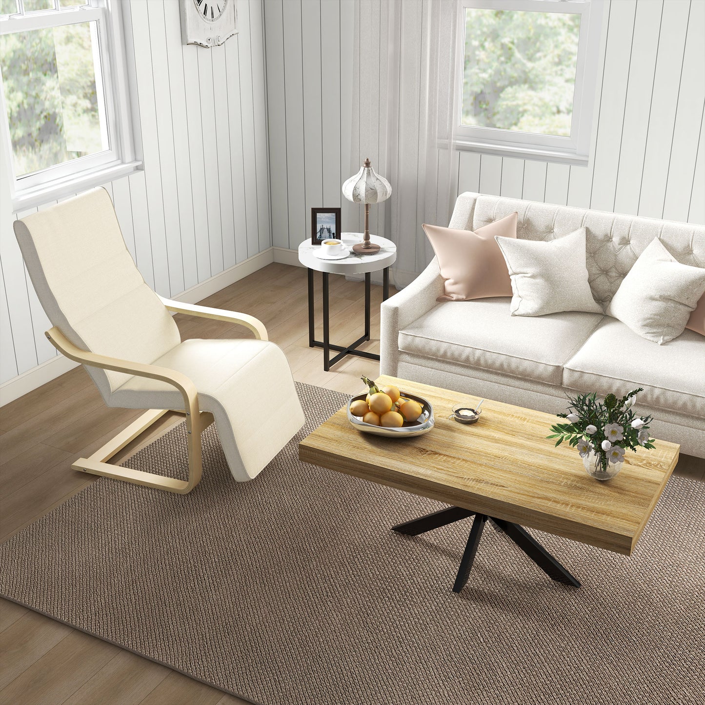 Wooden Armchair, Upholstered Linen Lounge Chair with Adjustable Footrest & Removable Cushion, Poang Chair for Living Room