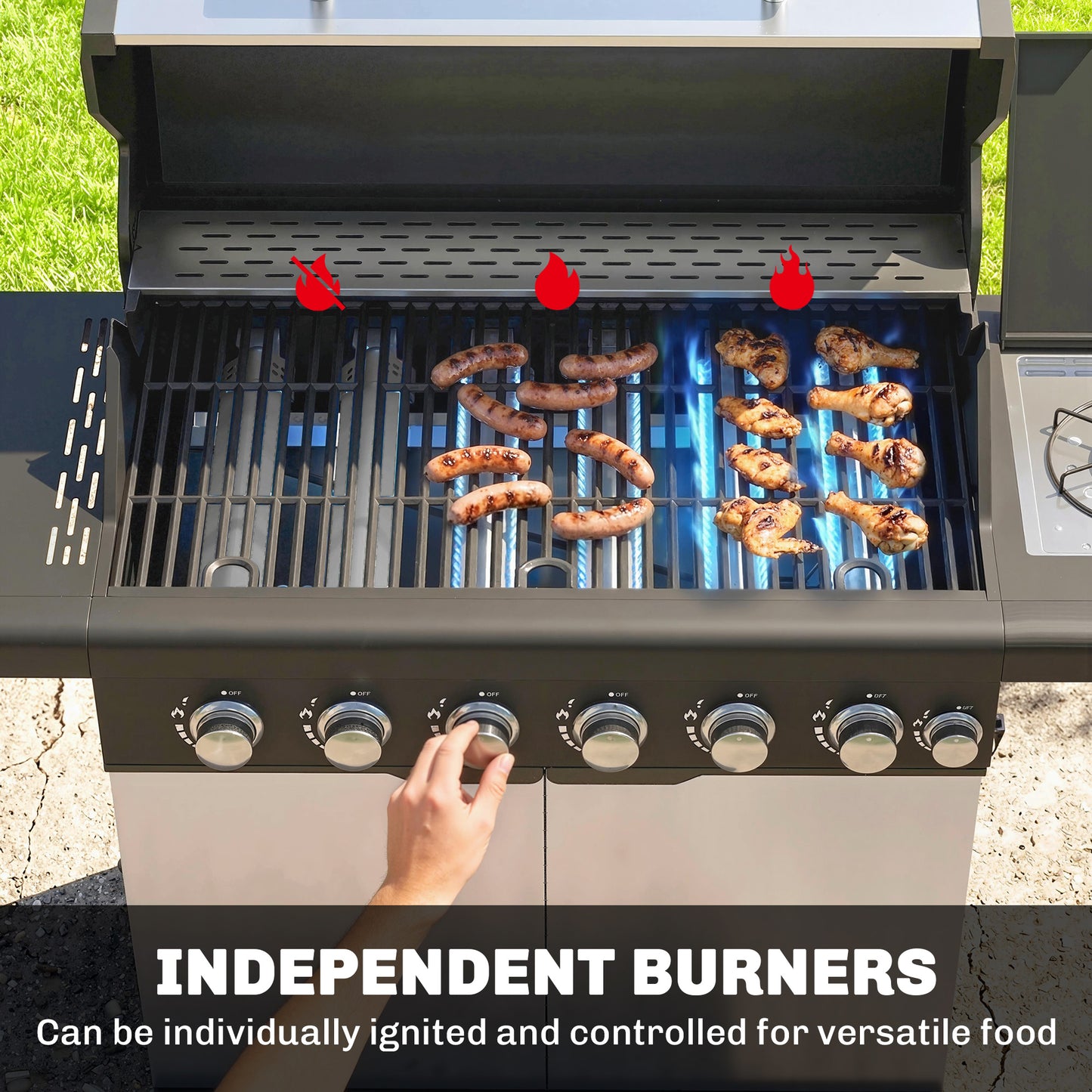 6+1 Burner Gas BBQ Grill, Outdoor Barbecue Trolley with Wheels, Warming Rack, Thermometer, Bottle Opener, Silver Tone