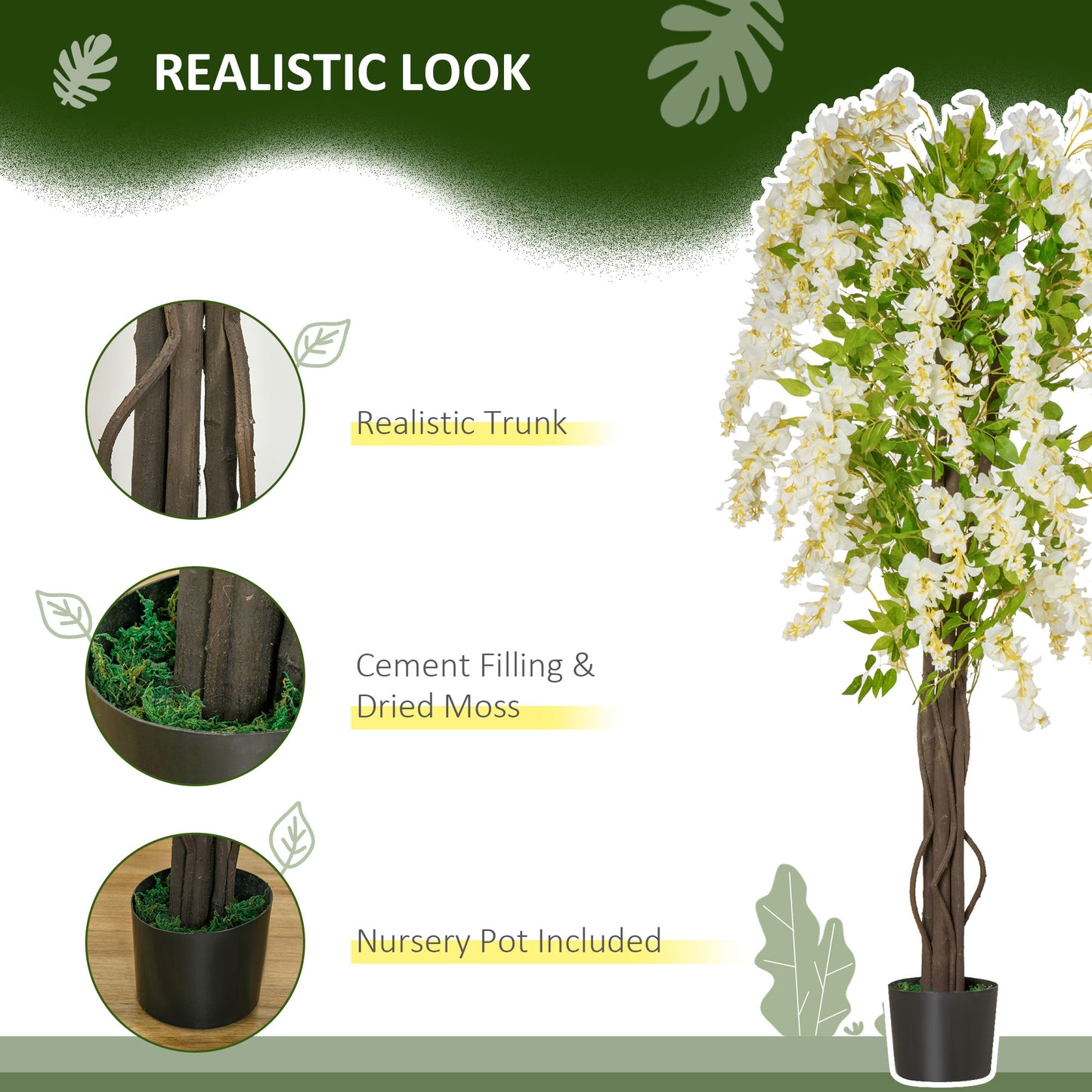 Artificial Plant White Wisteria Tree Faux Decorative Plant in Nursery Pot for Indoor Decor, 160cm