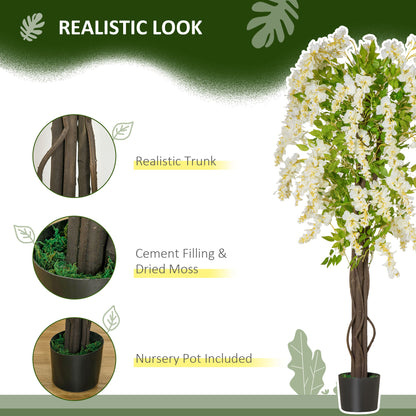 Artificial Plant White Wisteria Tree Faux Decorative Plant in Nursery Pot for Indoor Decor, 160cm