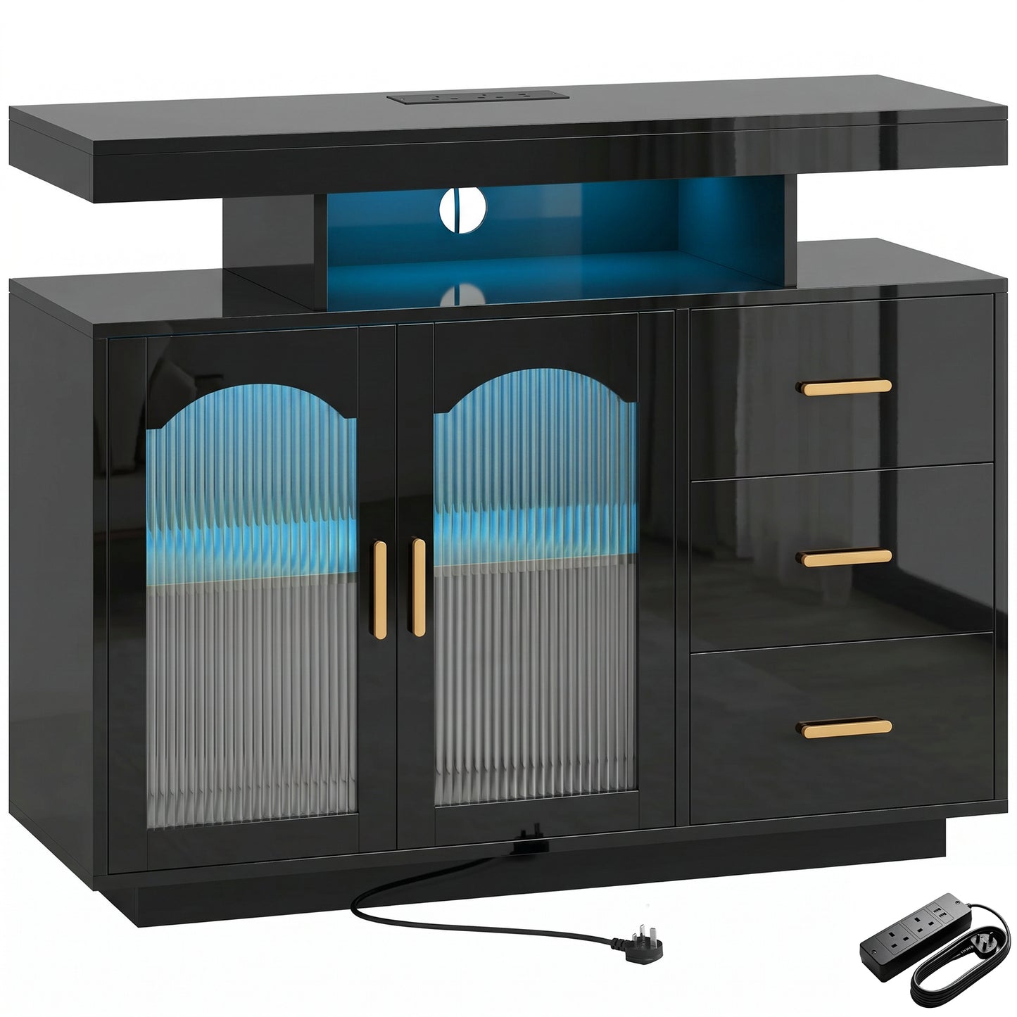 High Gloss Sideboard with LED Lights, Built-in Power Outlets, 3 Drawers, Shelves and 2 Acrylic Doors, Black