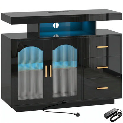 High Gloss Sideboard with LED Lights, Built-in Power Outlets, 3 Drawers, Shelves and 2 Acrylic Doors, Black