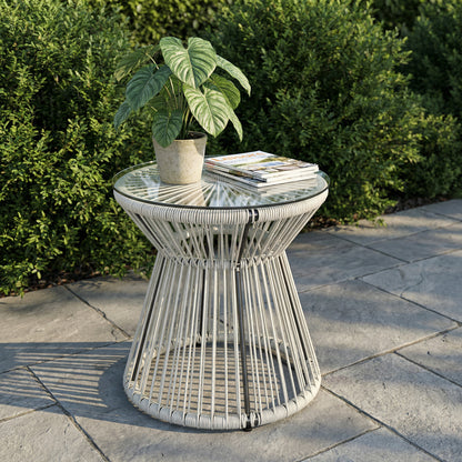 Rattan Outdoor Coffee Table, PE Rattan Wicker Bistro Side Table with Tempered Glass Top, Light Grey