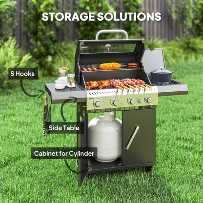 4+1 Burner Gas BBQ Grill with Clear View Lid, Portable Gas Barbecue Grill with Built-in Thermometer, Side Table, Cabinet
