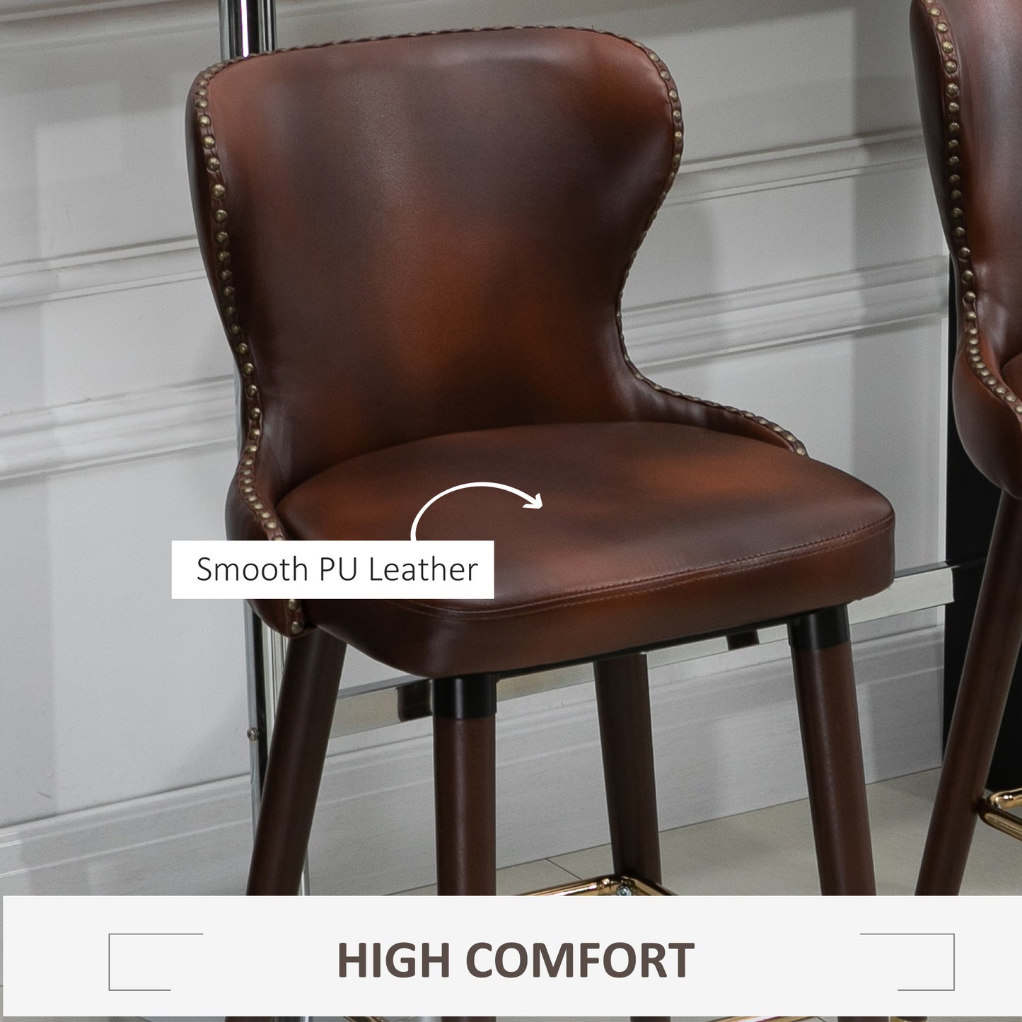 Bar Stools Set of 2, PU Leather Barstools with Back, Footrest and Wood Legs for Kitchen, Counter, Breakfast Bar, Brown