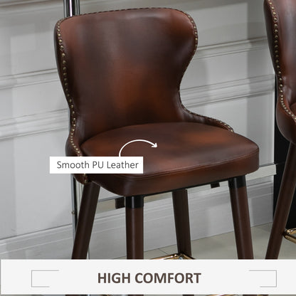 Bar Stools Set of 2, PU Leather Barstools with Back, Footrest and Wood Legs for Kitchen, Counter, Breakfast Bar, Brown
