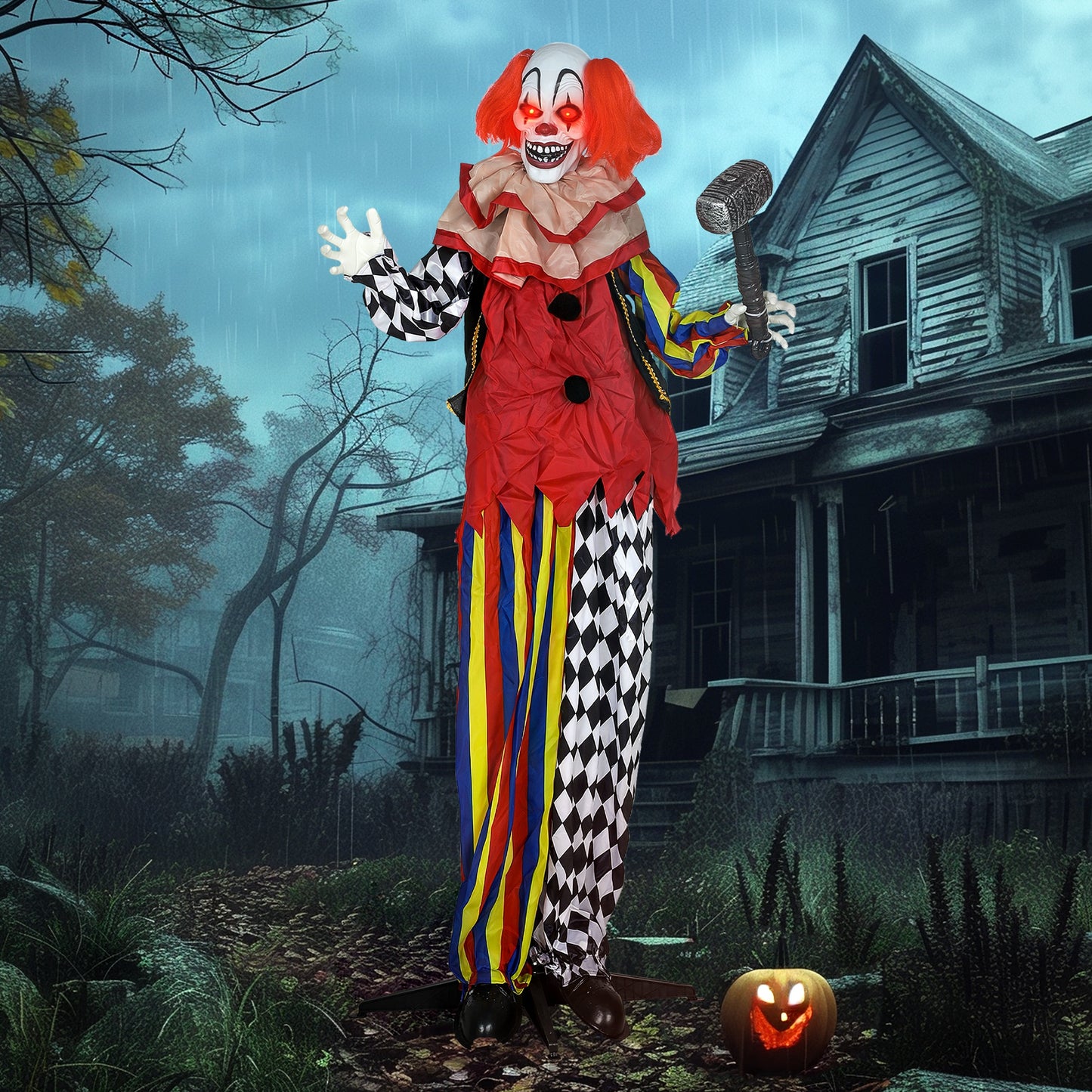 173 cm Life Size Halloween Animated Standing Clown & Hammer with Red Light Up Eyes, Sound Activated Moving Arms & Head