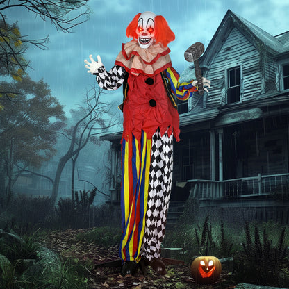 173 cm Life Size Halloween Animated Standing Clown & Hammer with Red Light Up Eyes, Sound Activated Moving Arms & Head