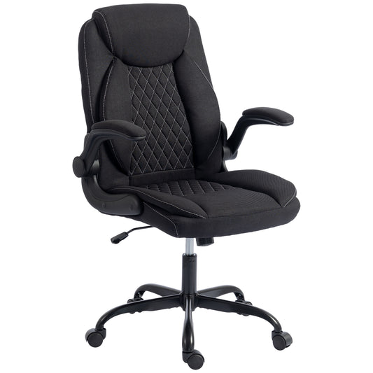 Linen-Look Computer Desk Chair, Executive Office Chair with Flip-Up Armrests and Thick Cushion, Black