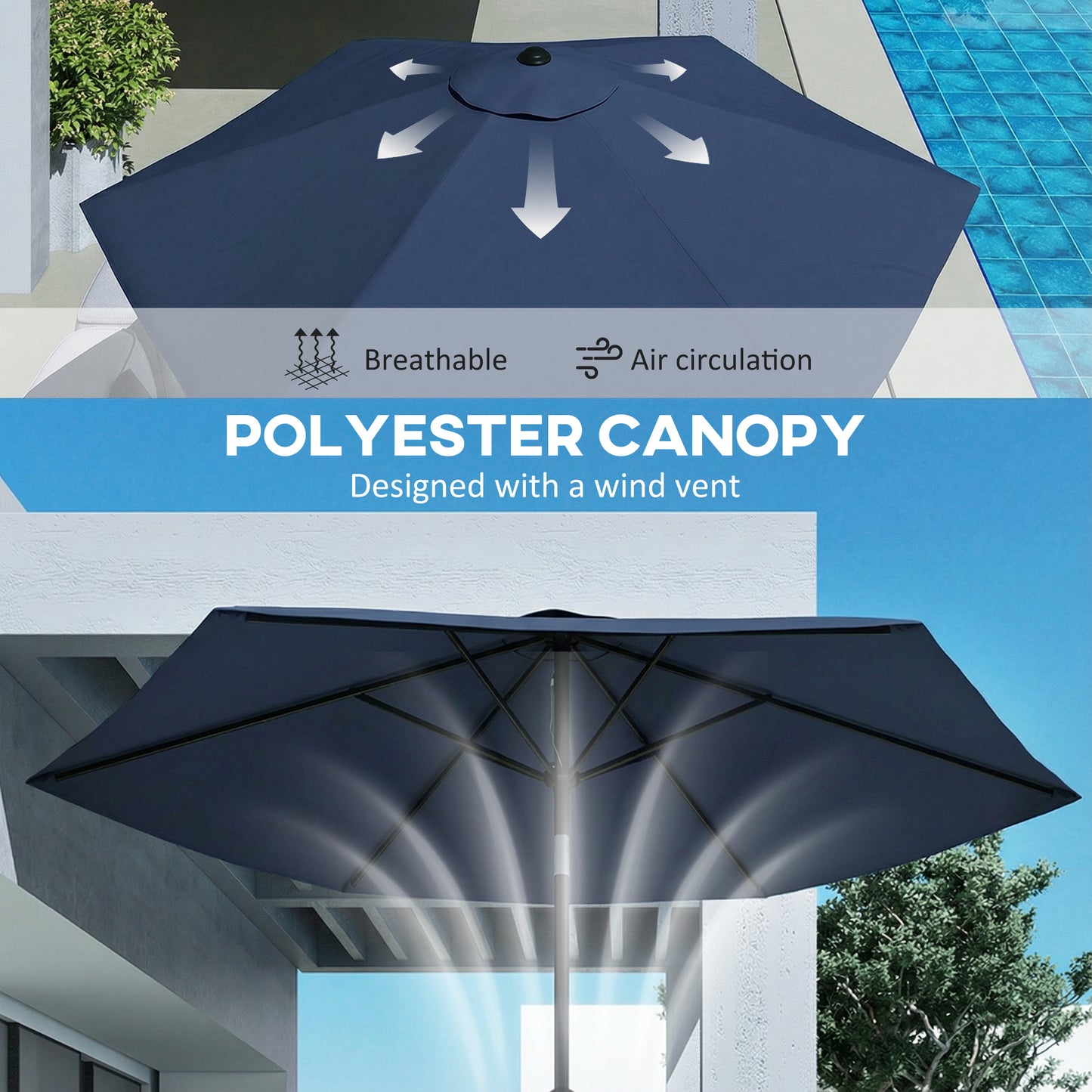 2.6 m Garden Parasol Umbrella with Aluminium Pole, Outdoor Patio Umbrella with Tilt and Crank, Vent, Navy Blue