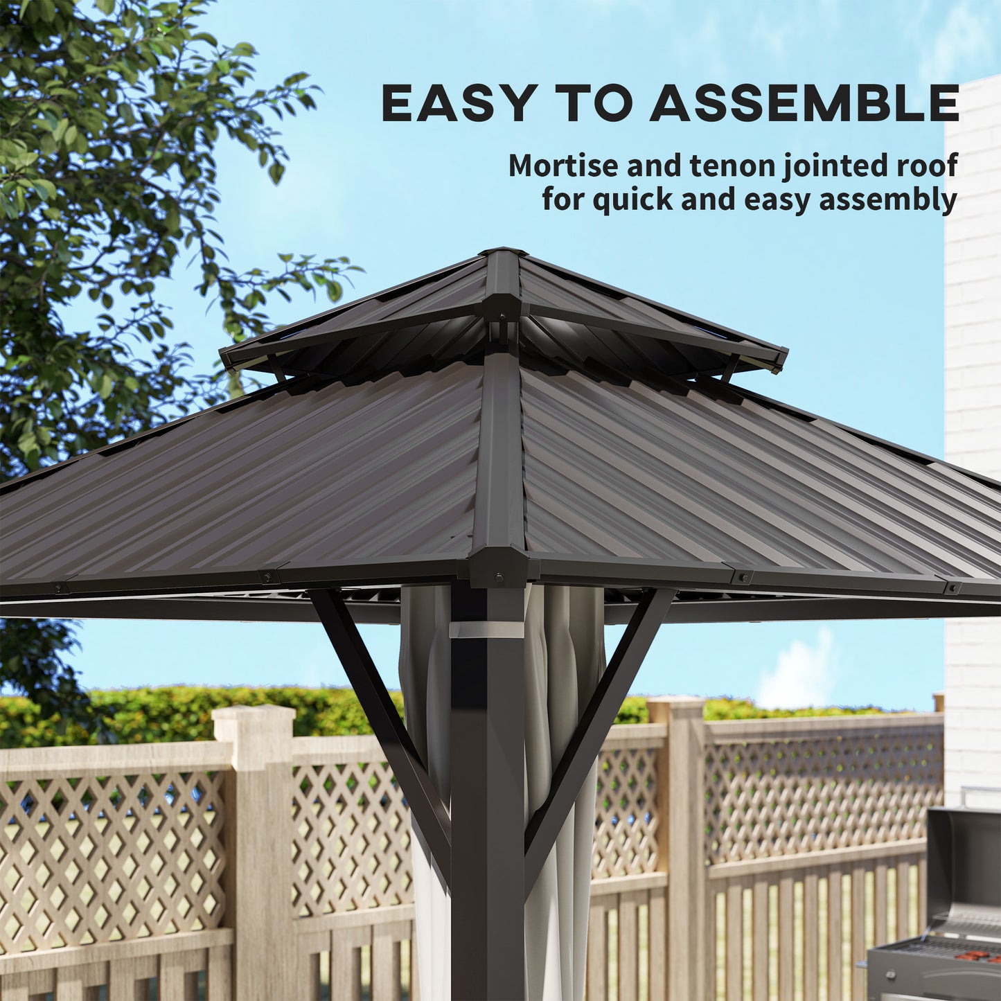 3 x 3(m) Hardtop Gazebo Canopy with Double Metal Roof, Waterproof Permanent Pavilion Garden Gazebo with Netting and Curtains