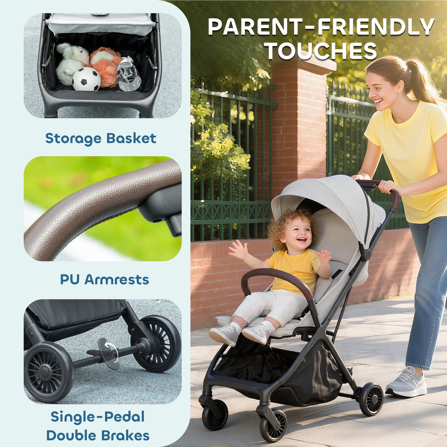 Foldable Baby Stroller with Adjustable Seat, 5-Point Harness, Canopy, Basket, 6.3kg Lightweight & Compact, Light Grey