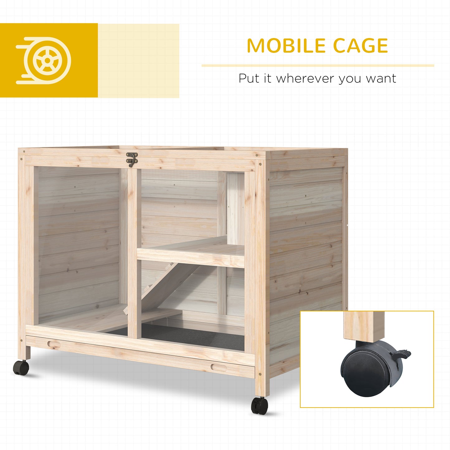 Rabbit Hutch Indoor with Wheels, Wooden Guinea Pig House Hamster Cage, 2 Layers Bunny Cage with Openable Roof