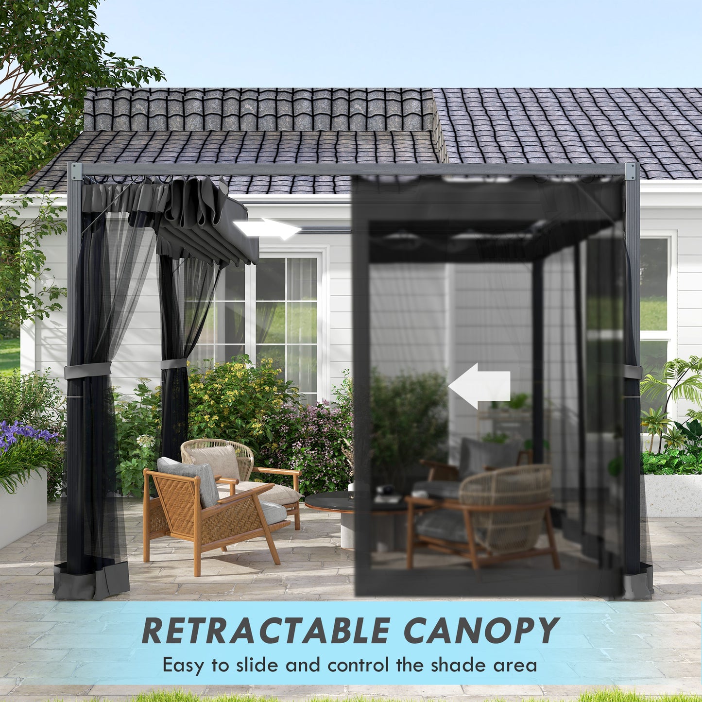 3 x 3m Aluminium Frame Pergola, with Retractable Roof - Dark Grey