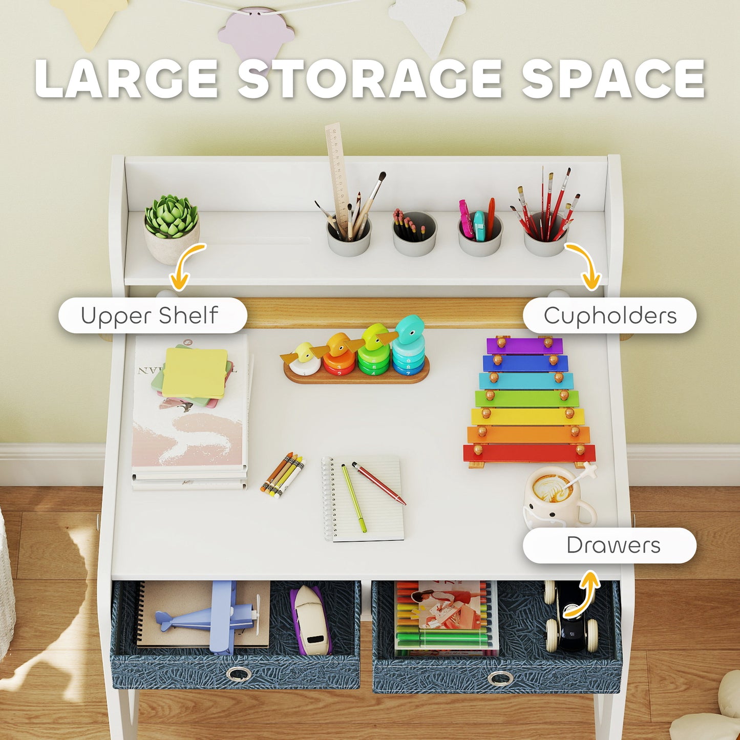 Art Table and Chair Set for children, Kids Art Desk and Chair Set with Storage Shelf and Drawers
