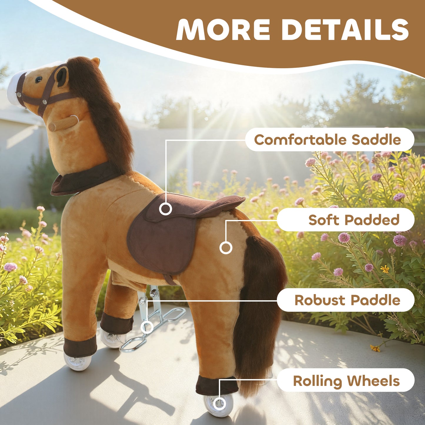 Ride On Horse, Plush Walking Horse Toy with Wheels and Saddle for Ages 3-5 Years Old, Brown