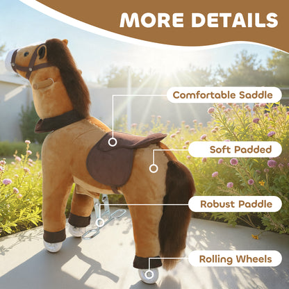 Ride On Horse, Plush Walking Horse Toy with Wheels and Saddle for Ages 3-5 Years Old, Brown