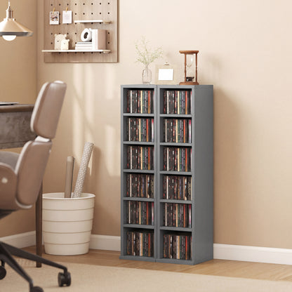 Set of 2 CD Media Display Shelf Unit Tower Rack with Adjustable Shelves, Light Grey