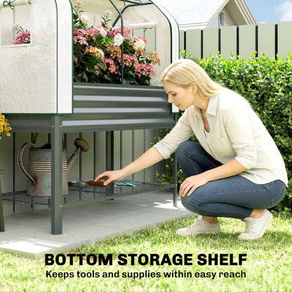 Galvanised Raised Planter with Greenhouse Cover, Metal Raised Garden Bed on Legs with Bed Liner and Bottom Shelf