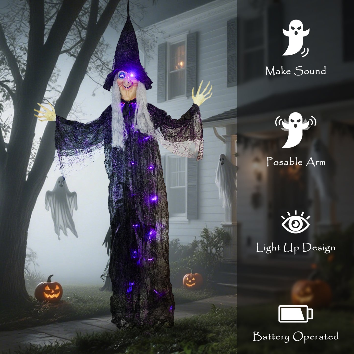 183 cm Life Size Halloween Animated Hanging Witch with Glowing LED Eyes & Body, Spooky Witch Scary Halloween Decorations