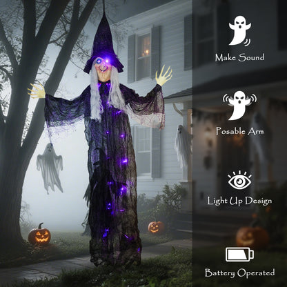 183 cm Life Size Halloween Animated Hanging Witch with Glowing LED Eyes & Body, Spooky Witch Scary Halloween Decorations