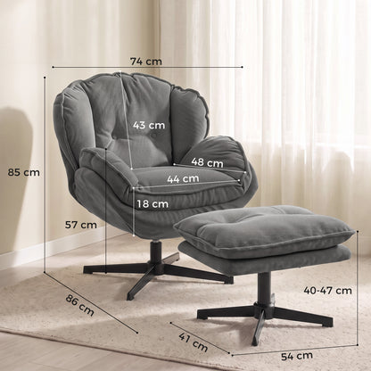Armchair with Adjustable Footstool, 360° Swivel Chenille Cloud Accent Chair with Thick Cushion, Steel Base, Grey