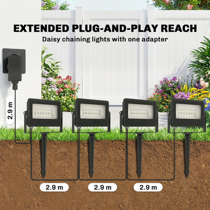 32W LED Floodlights, Linkable 4-Pack Landscape Lighting with Remote Control, RGB Colour Changing, UK Plug, Black
