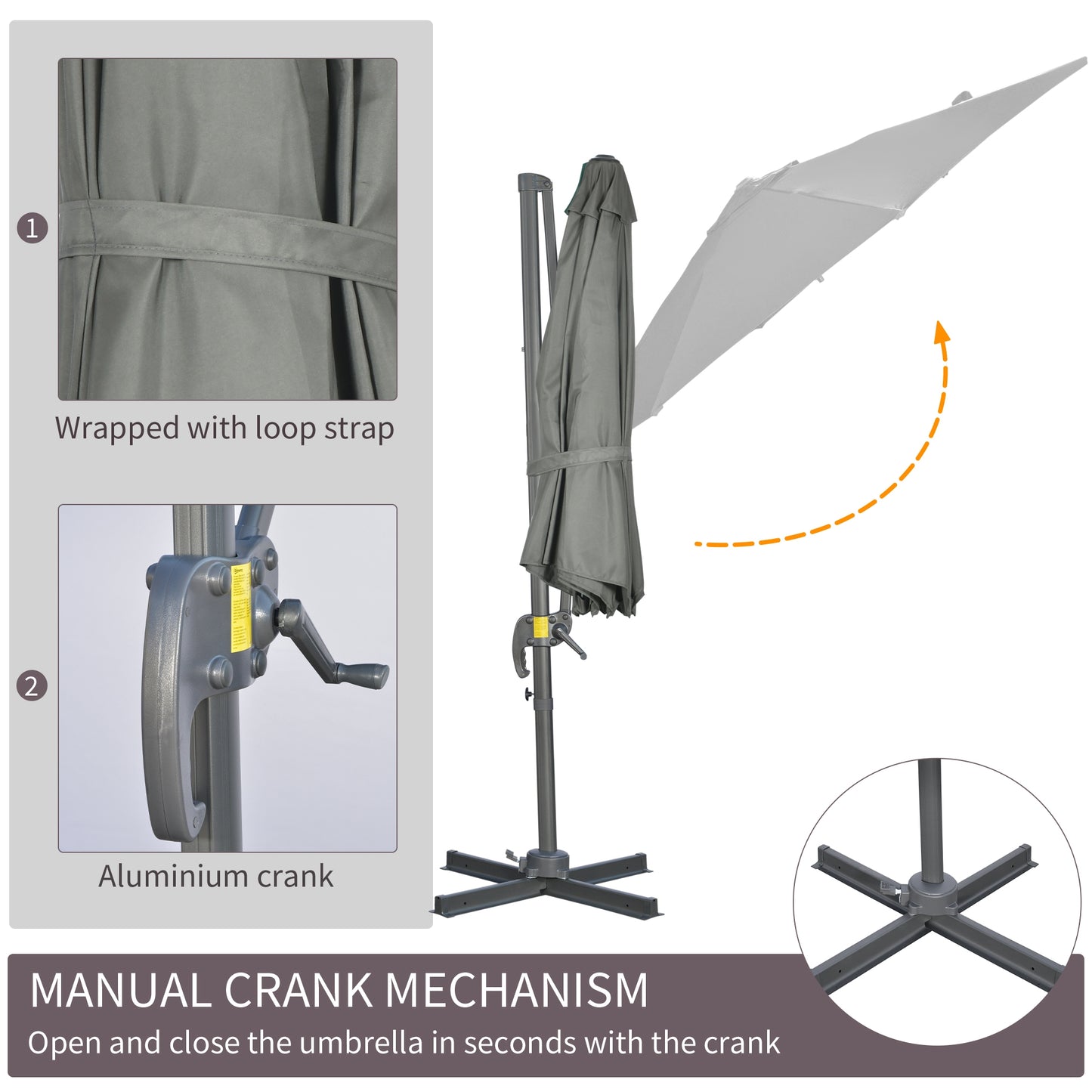 3 x 3(m) Cantilever Parasol with Cross Base, Garden Umbrella with 360° Rotation, Crank Handle and Tilt for Outdoor, Patio