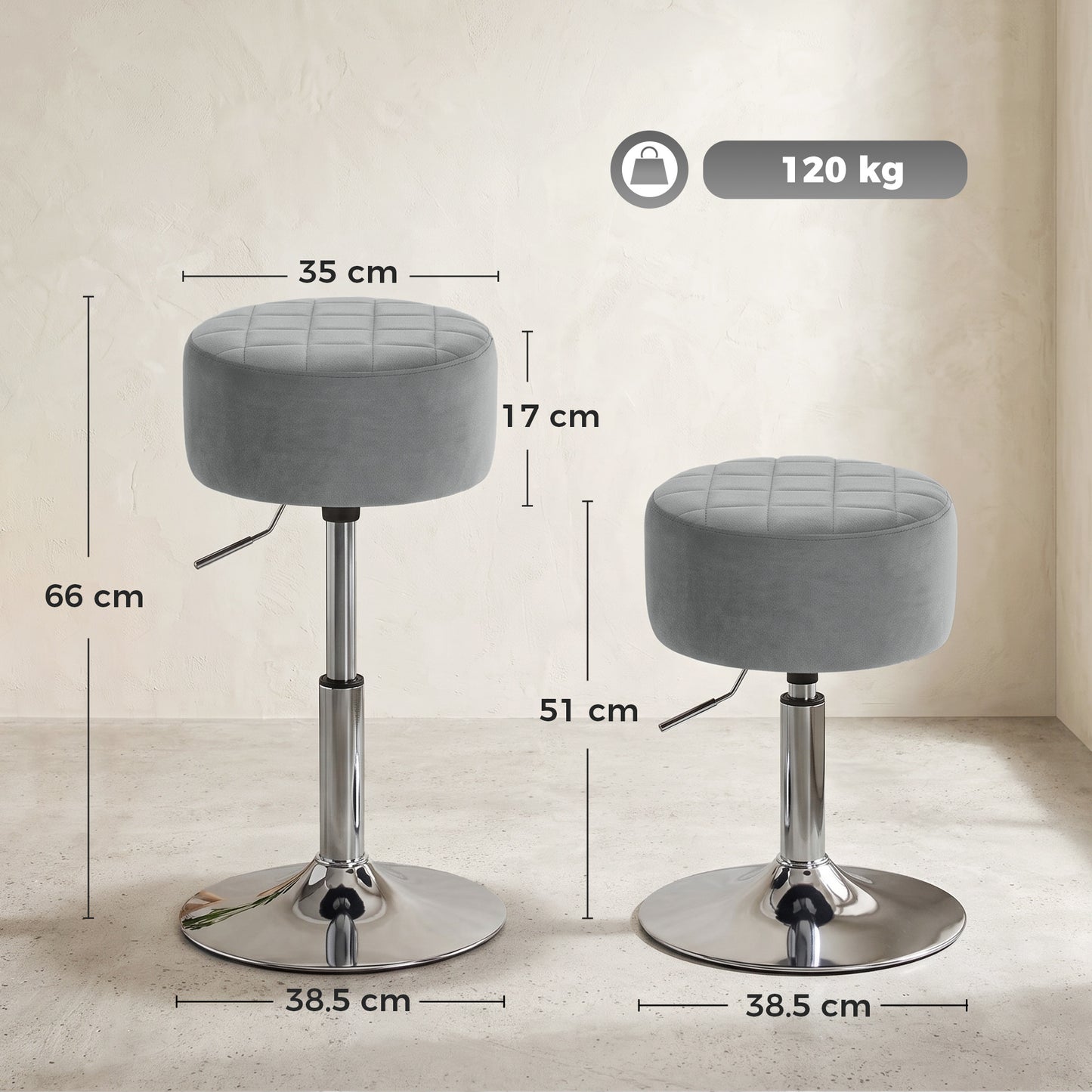 Bar Stool Adjustable Swivel Chair Velvet-Feel Seat 1 Piece, Grey