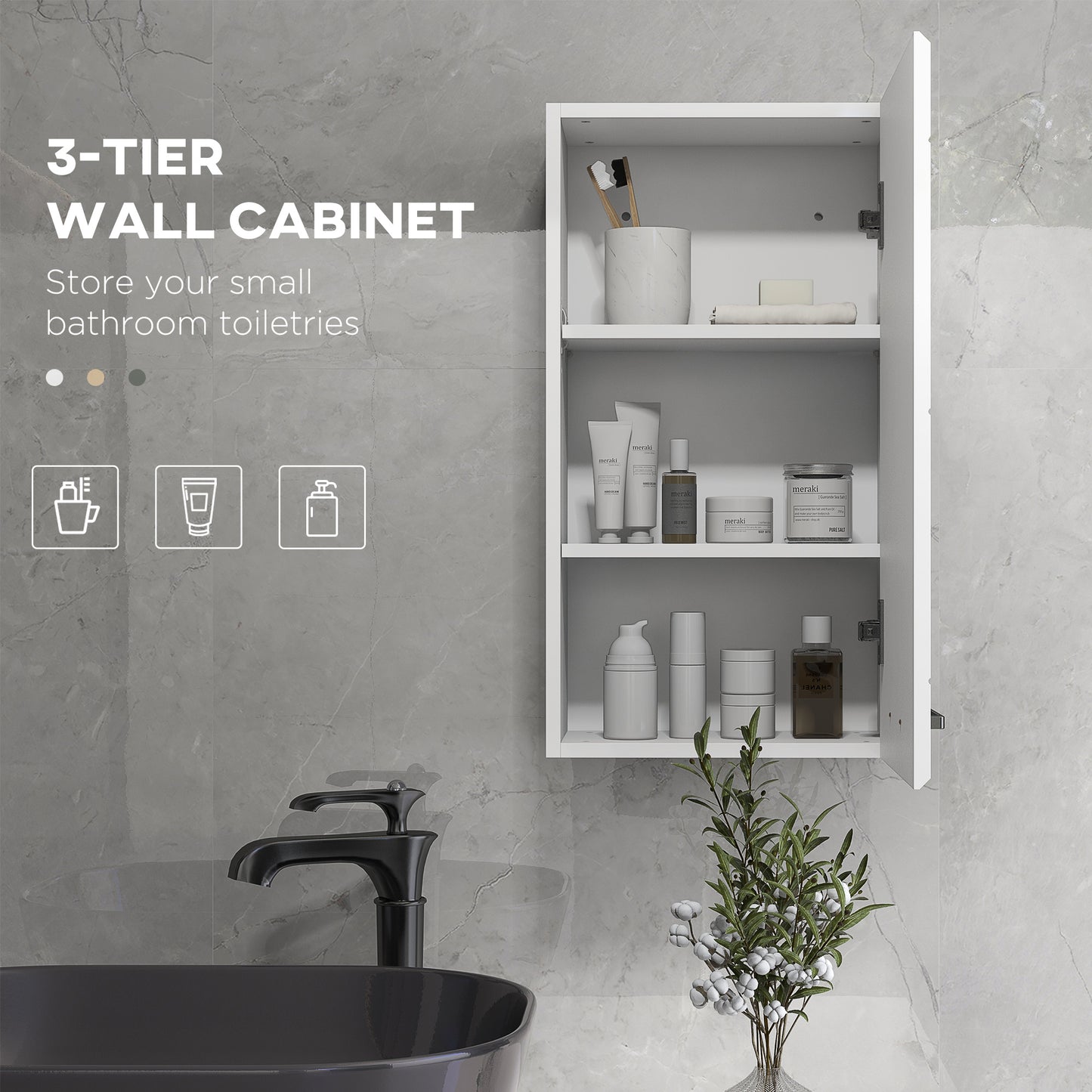 Bathroom Wall Cabinet, High Gloss Bathroom Storage Cabinet with Soft-Close Door, 3 Shelves, Adjustable Shelf, White