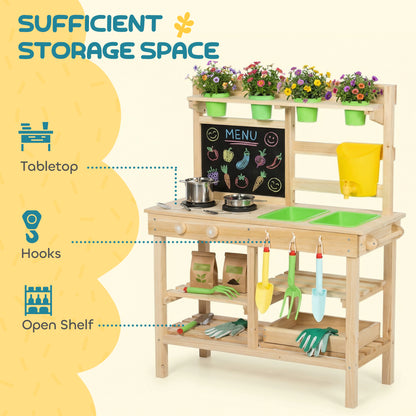 Kids Mud Kitchen, Outdoor Wooden Play Kitchen with Kitchenware & Garden Tools, Pretend Play Outdoor Toys, Natural