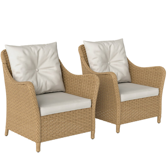 Rattan Garden Chairs Set of 2, Outdoor Rattan Chairs with Cushions, Armrests and High Back