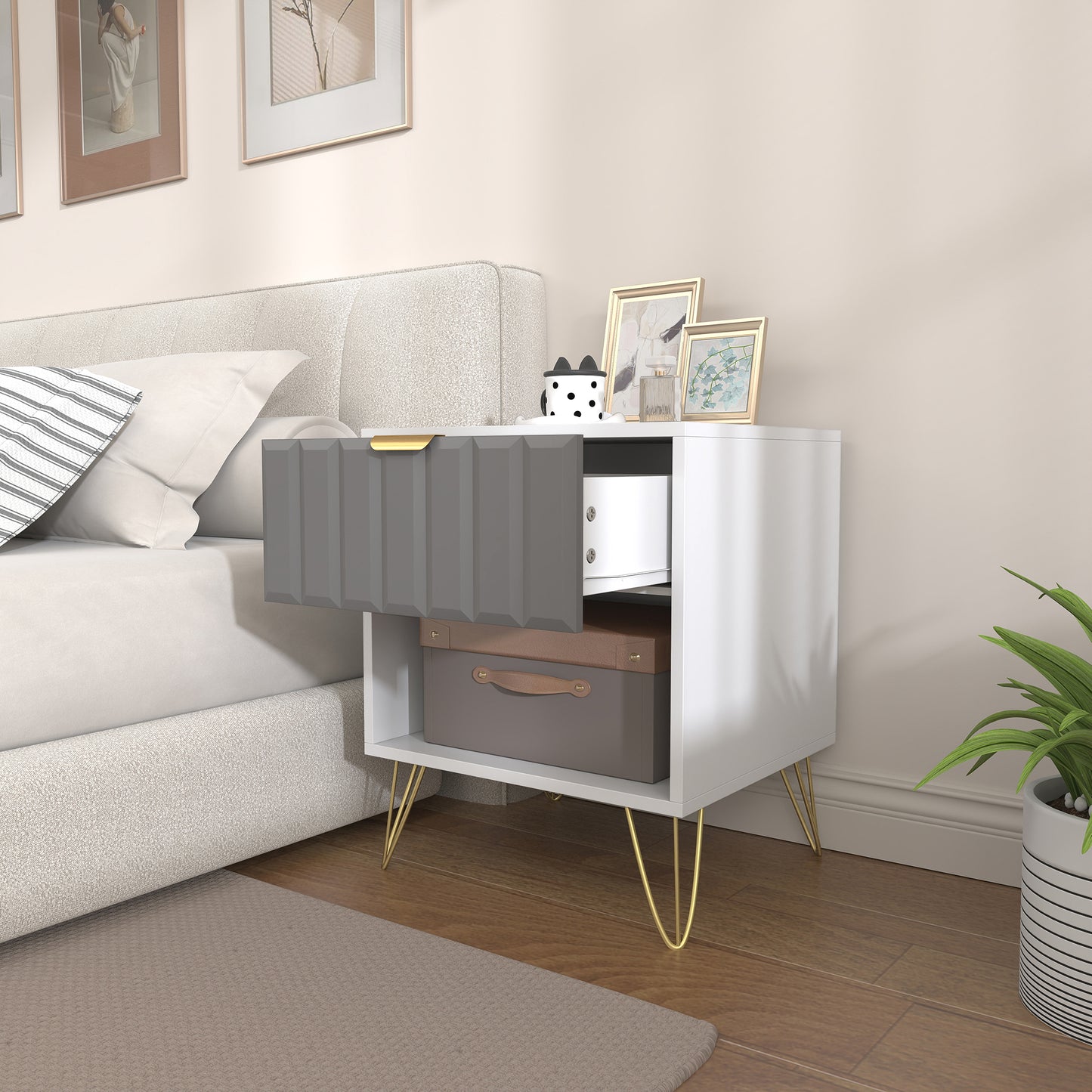 Bedside Table Modern Bedside Cabinet with Drawer and Open Compartment, 45 x 40 x 55, White