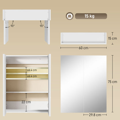 Wall Mounted Bathroom Mirror Storage Cabinet w/ Door Adjustable Shelf, White