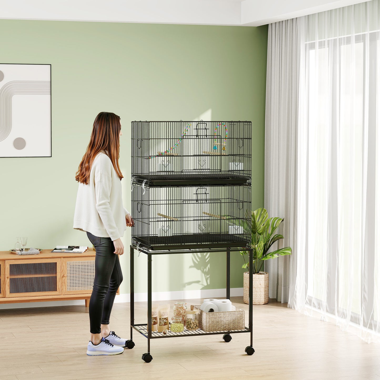 Two-Tier Bird Cage on Wheels, with Stand, for Small Birds