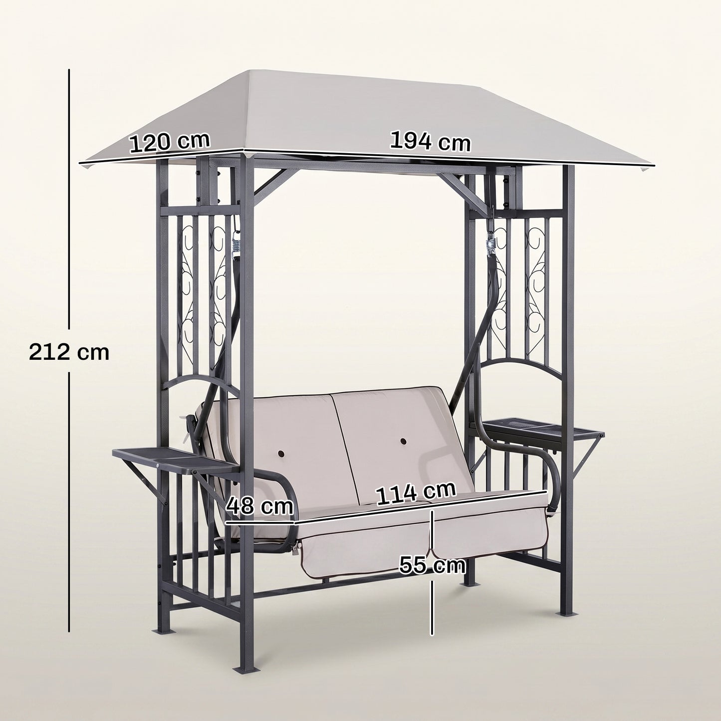 Outdoor Garden 2 Seater Canopy Swing Chair Seat Porch Loveseat Vintage Hammock Cushioned Seat w/ Steel Frame and Side Drink P