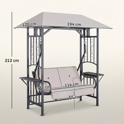 Outdoor Garden 2 Seater Canopy Swing Chair Seat Porch Loveseat Vintage Hammock Cushioned Seat w/ Steel Frame and Side Drink P