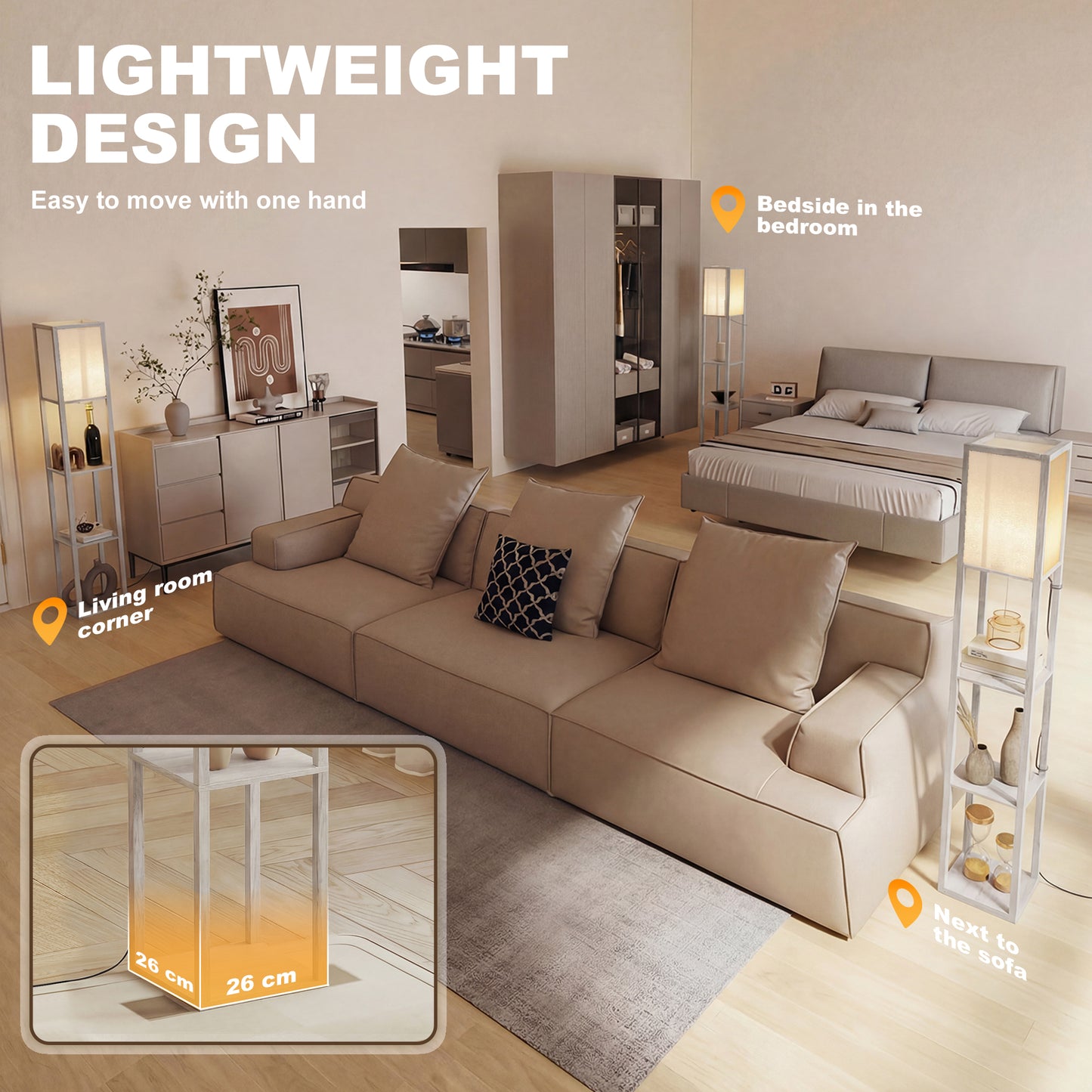 3-Tier Floor Lamp with Shelves and Storage, Modern Corner Standing Lamp with Lampshade, Foot Switch for Living Room, Bedroom