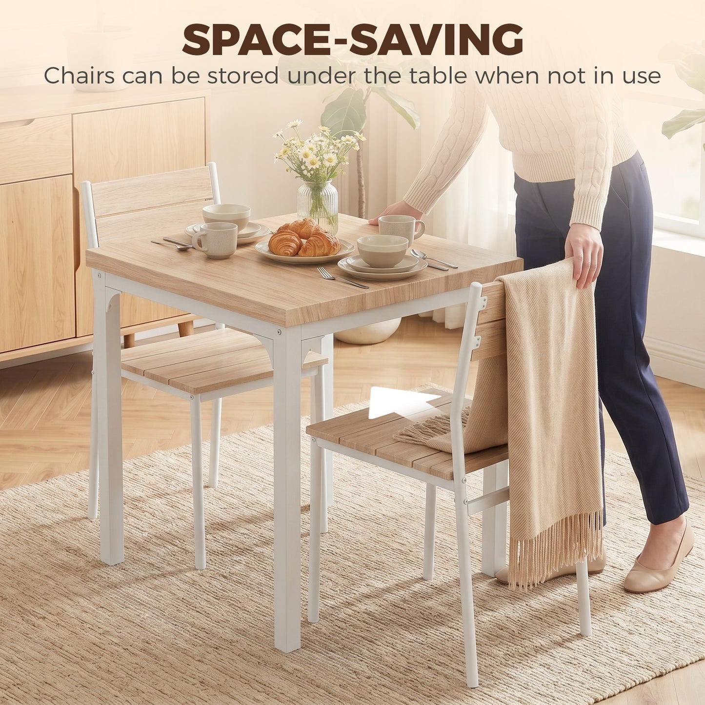 Three-Piece Minimal and Compact Dining Set, Oak Wood Effect